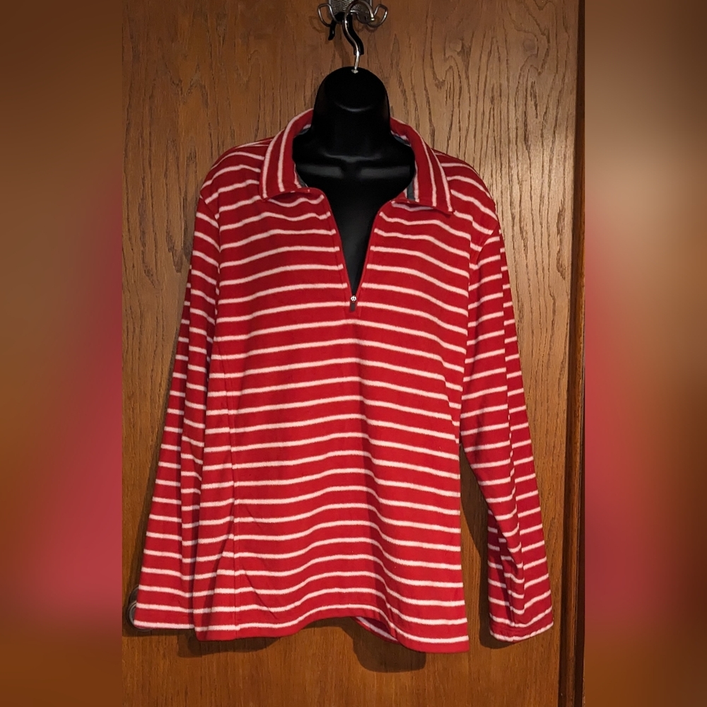 Women's warm red & white striped Lands End Fleece 1/4 Zip pullover| Size 2X